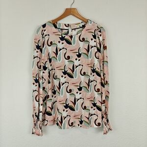 Boden Pink Multi Floral Smocked Long Balloon Puff Sleeves Blouse Sz 10 Women's